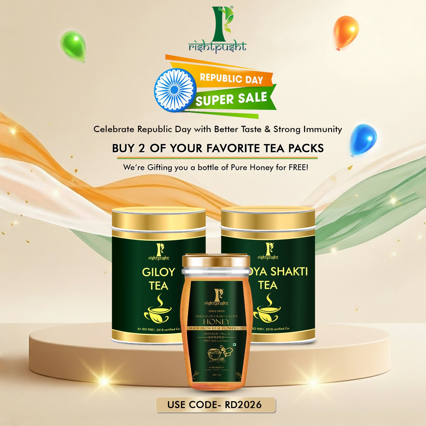 Republic Day Super Sale: Buy 2 Tea Packs (Giloy + Hridya Shakti) & Get Multiflora Honey Free