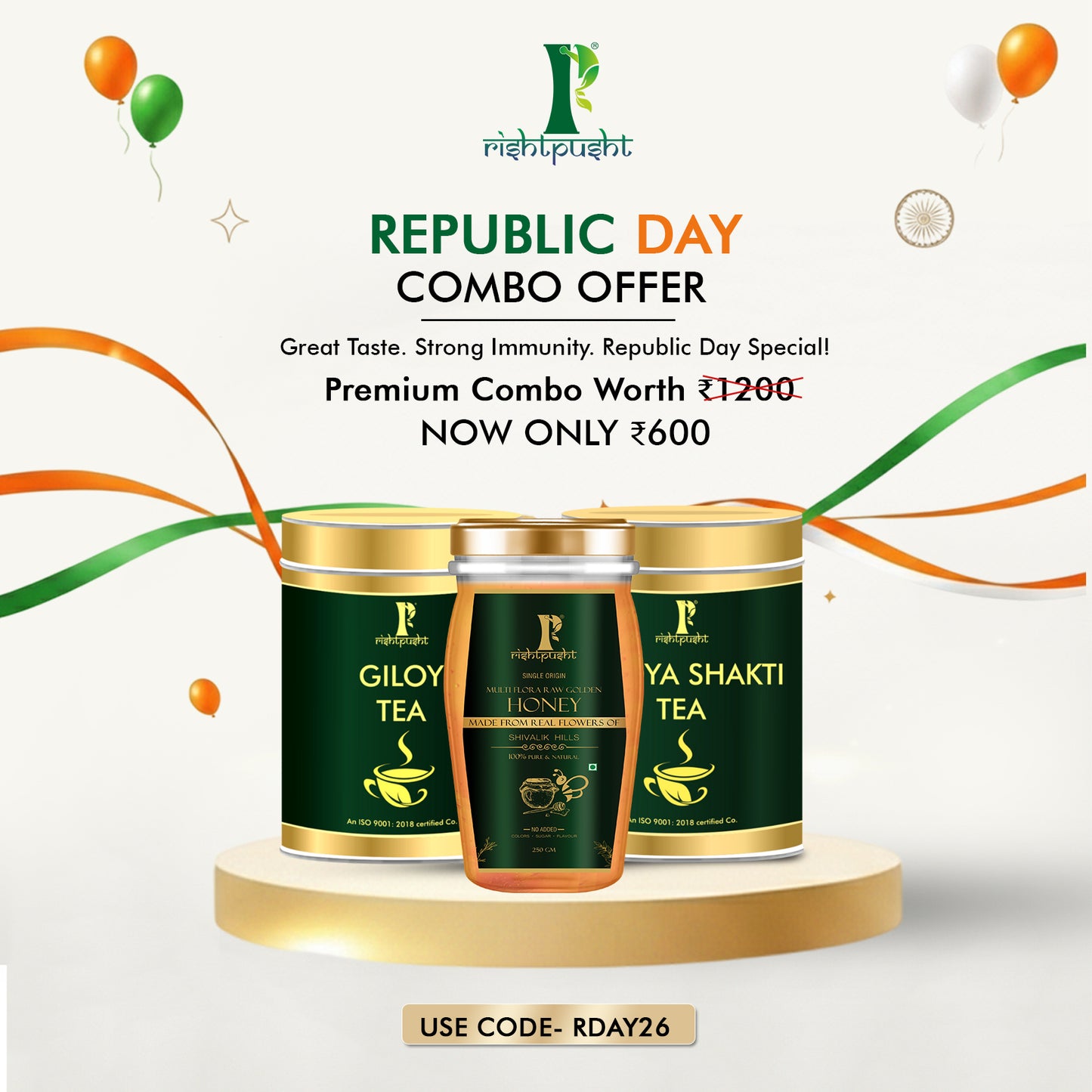 Republic Day Special Premium Combo: Giloy Tea + Hridya Shakti Tea + Pure Honey